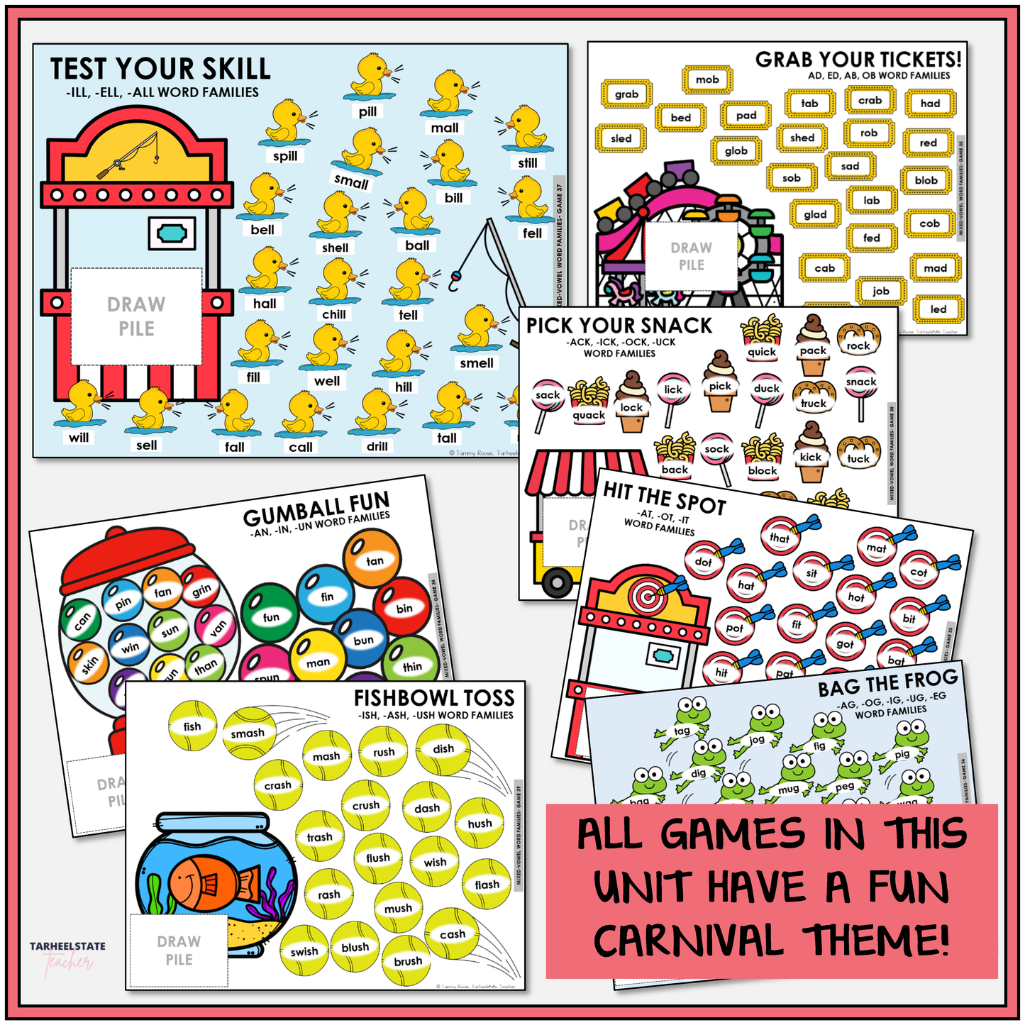 Collection of educational games with a carnival theme for teaching mixed vowel word families.
