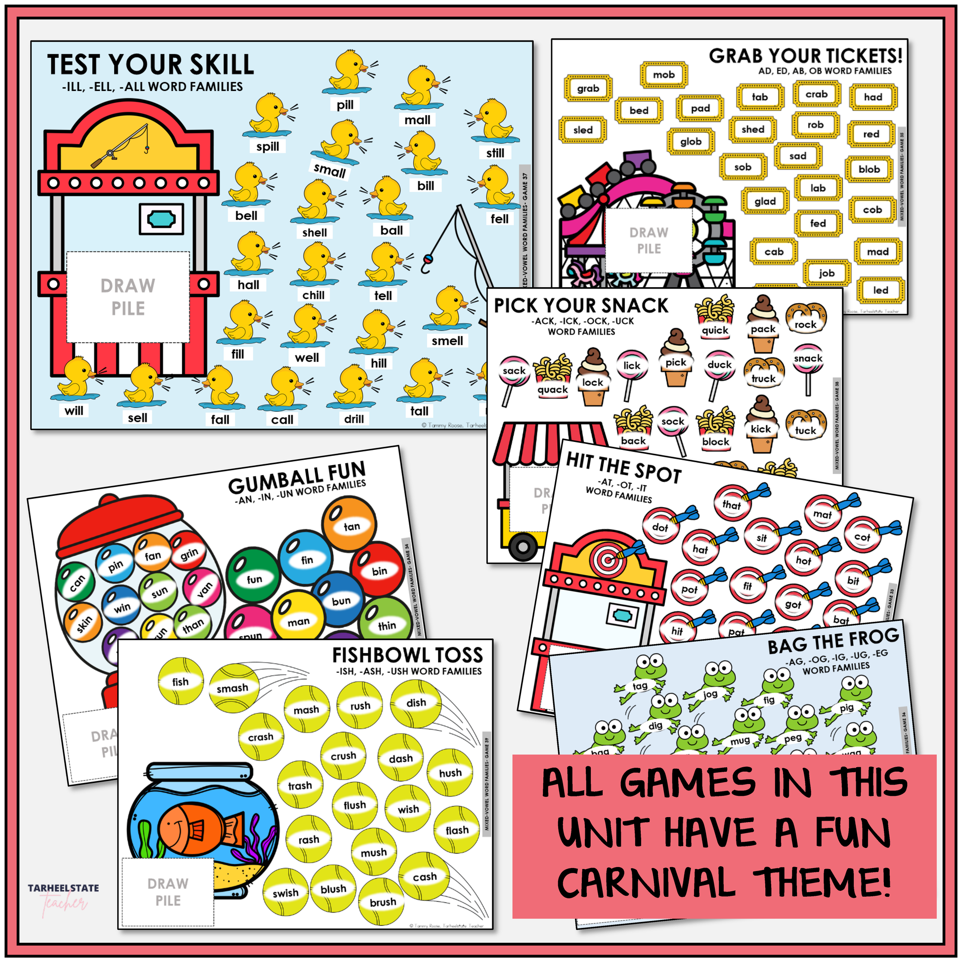 Collection of educational games with a carnival theme for teaching mixed vowel word families.
