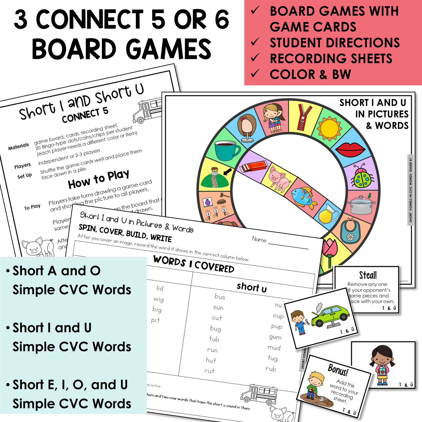 Educational board games with game cards, directions, and recording sheets for teaching short vowels in cvc words.