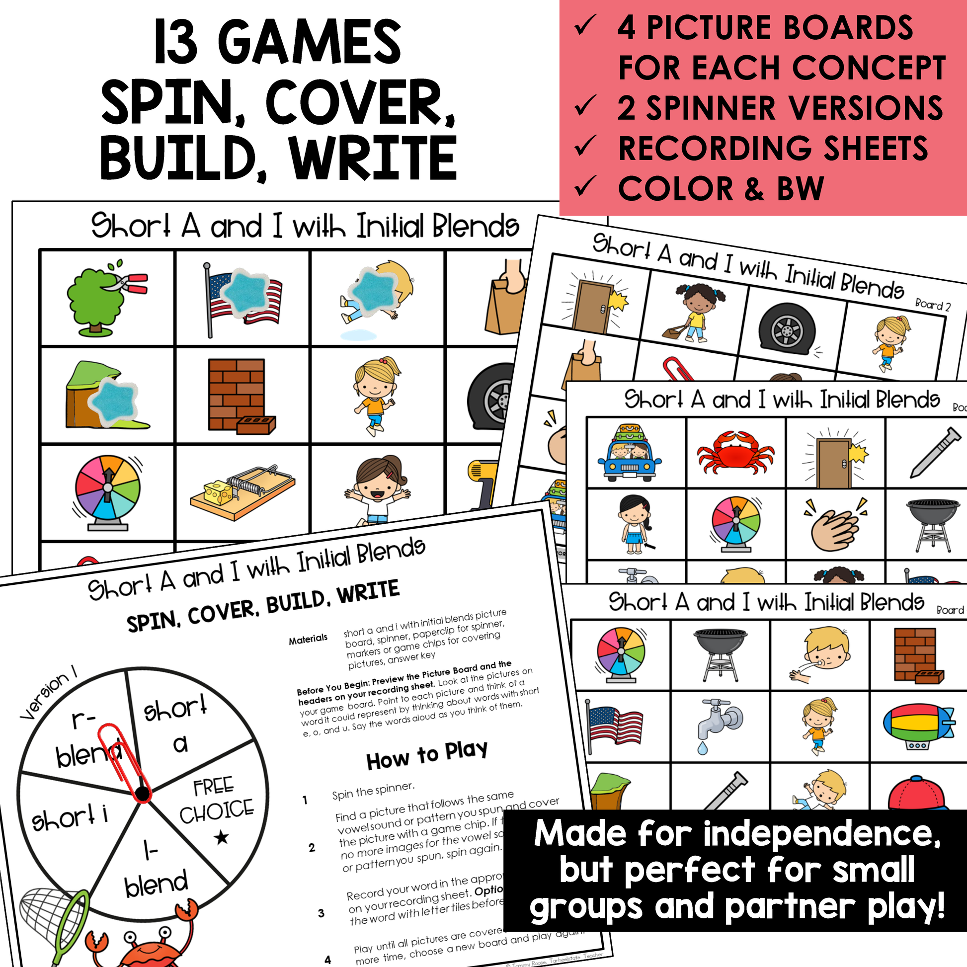 Educational game materials for teaching short A and I with initial blends, including picture boards, spinner versions, and recording sheets.