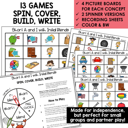Educational game materials for teaching short A and I with initial blends, including picture boards, spinner versions, and recording sheets.