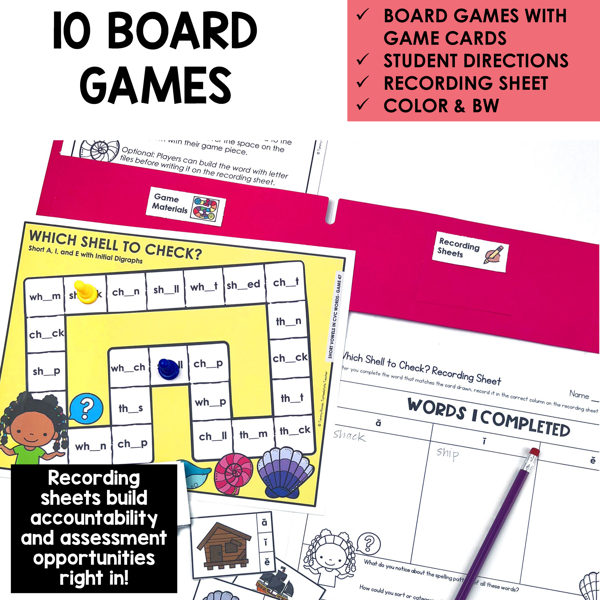 Educational board games and materials for learning with game cards, directions, and recording sheets.