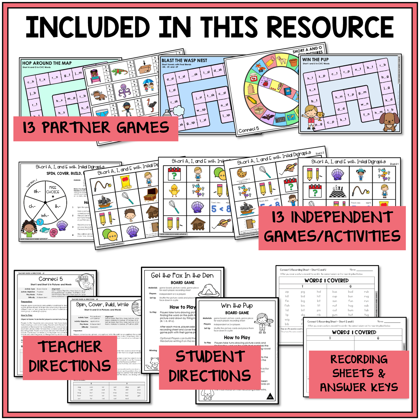 Educational resource with partner and independent games, teacher and student directions, and recording sheets to support student spelling in the Letter Name-Alphabetic stage.