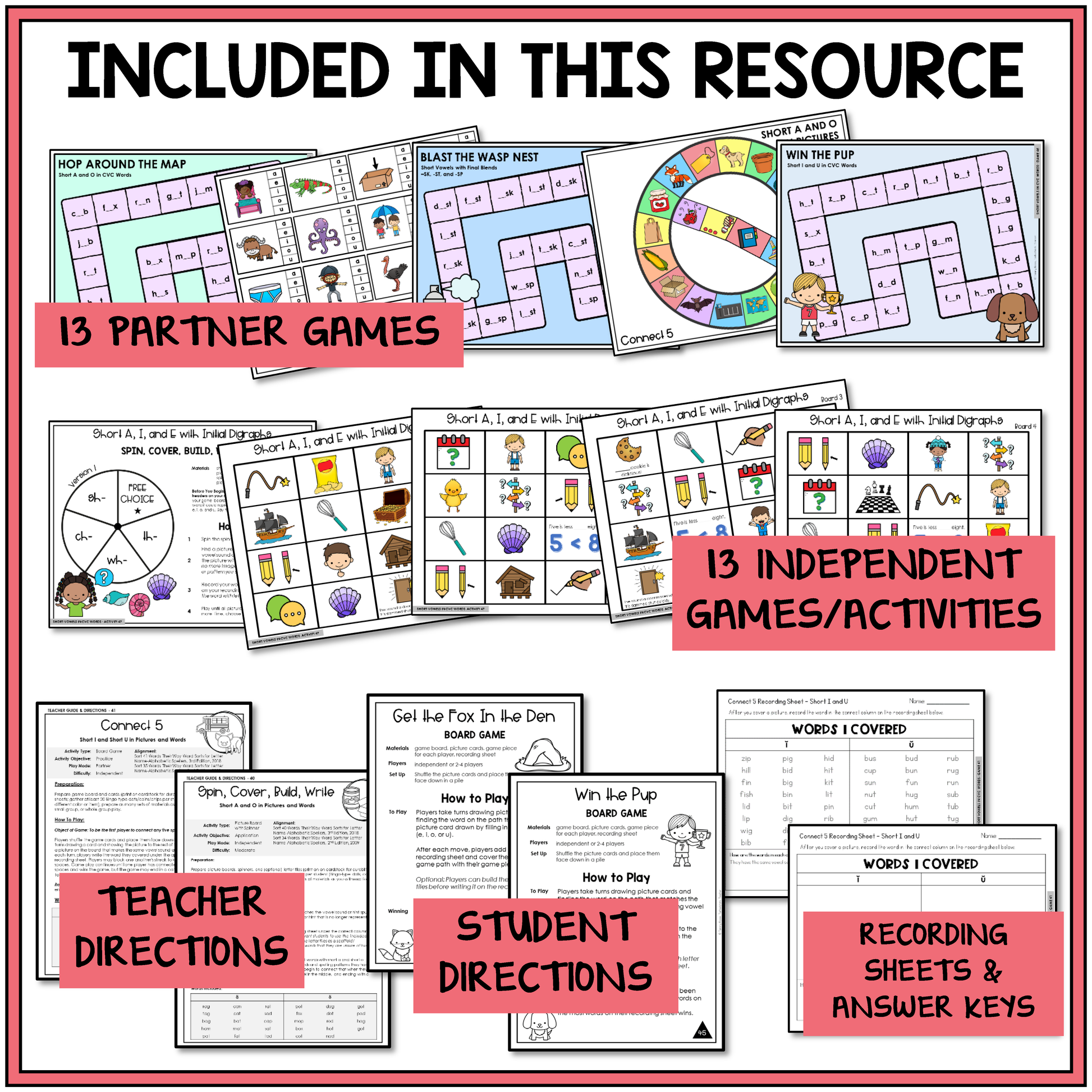 Educational resource with partner and independent games, teacher and student directions, and recording sheets to support student spelling in the Letter Name-Alphabetic stage.