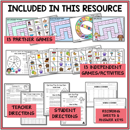 Educational resource with partner and independent games, teacher and student directions, and recording sheets to support student spelling in the Letter Name-Alphabetic stage.