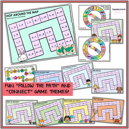 Collection of educational game boards included in the Short Vowels in CVC Letter Name-Alphabetic games bundle.