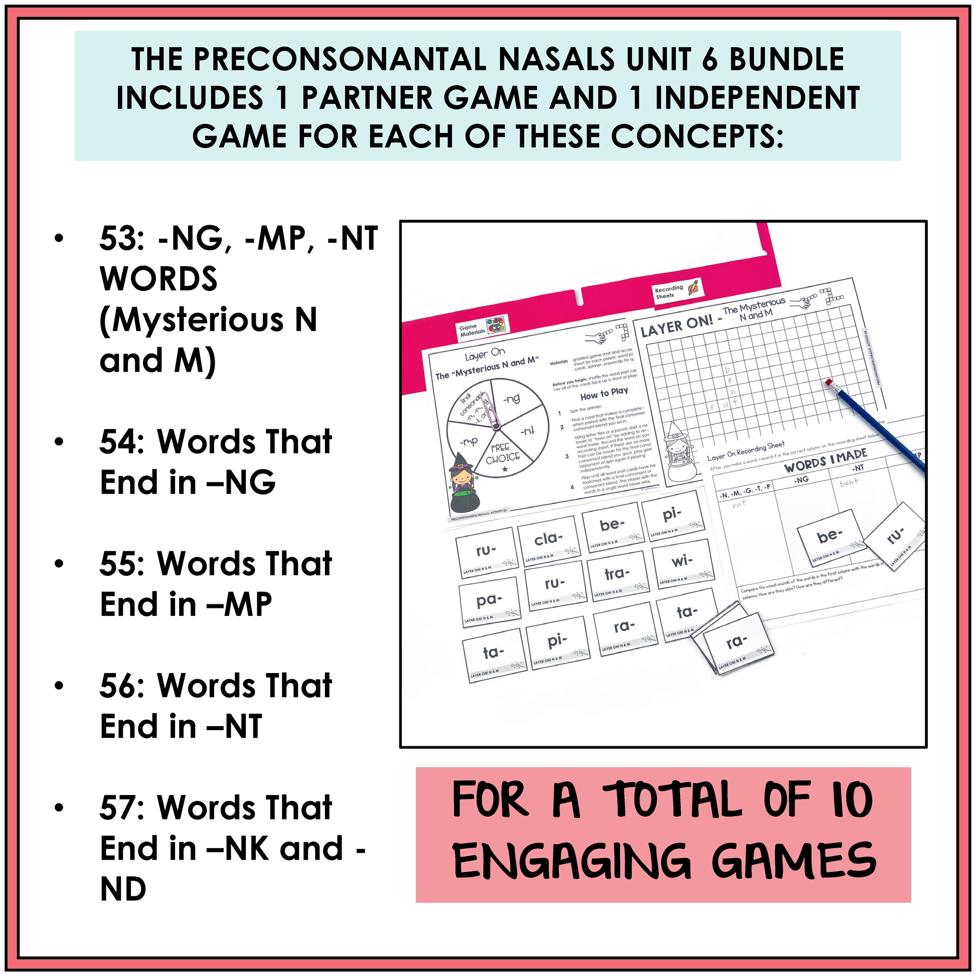Educational materials for teaching preconsonantal nasals with games and worksheets.