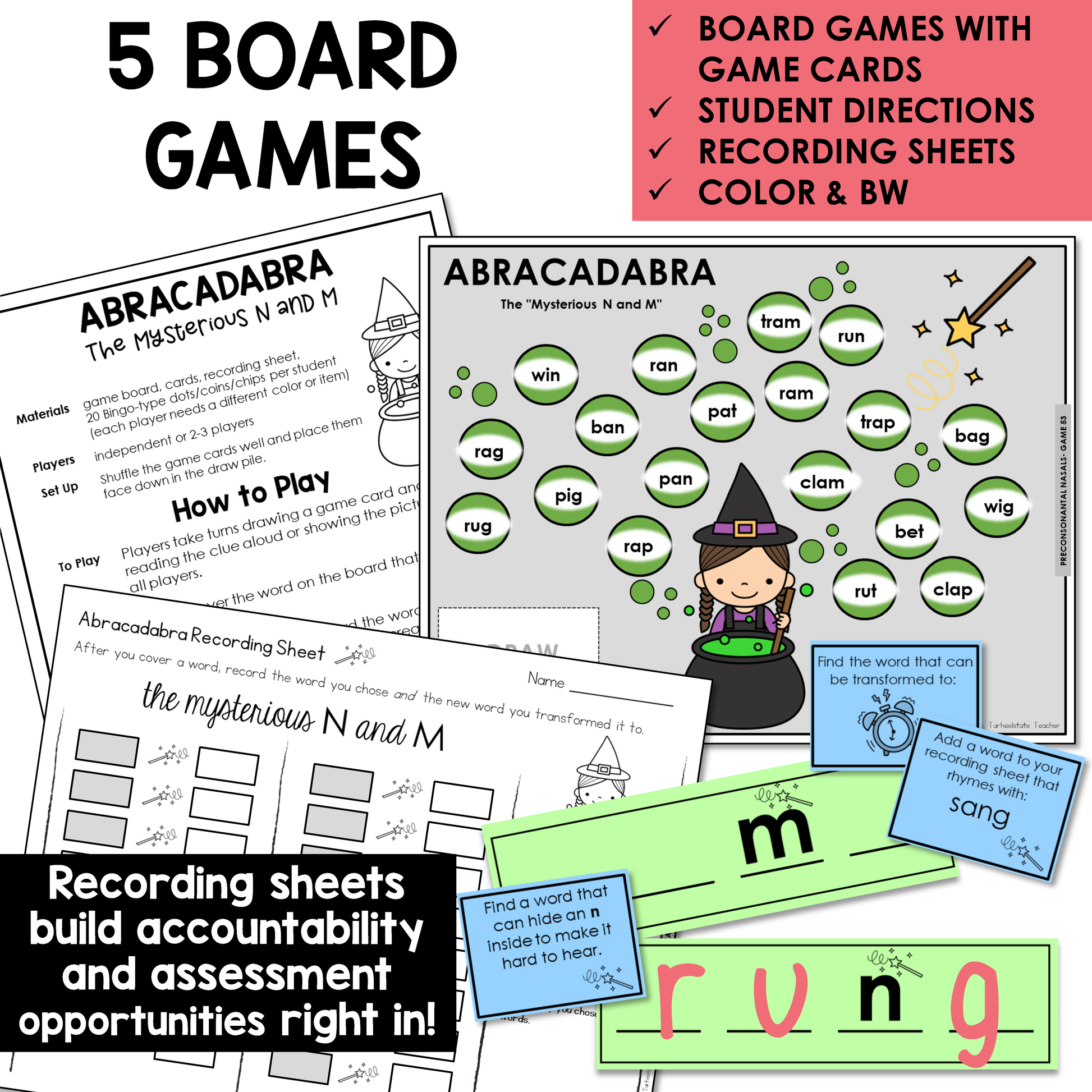 Educational board game set with game cards, directions, and recording sheets for learning letters N and M.