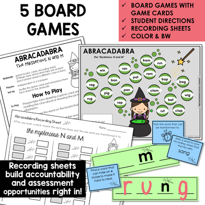Educational board game set with game cards, directions, and recording sheets for learning letters N and M.