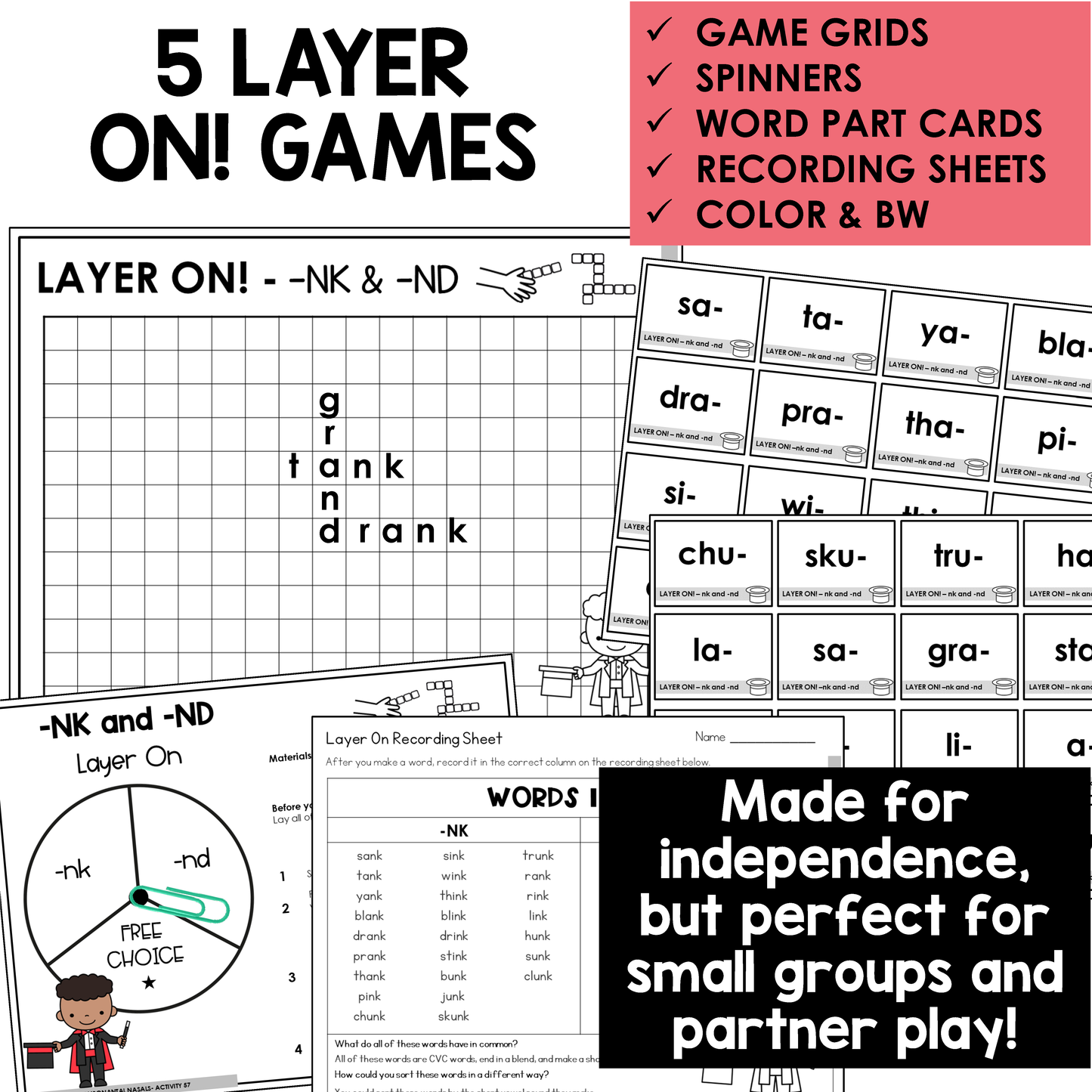 Educational materials for teaching word parts with grids, spinner, and recording sheets.