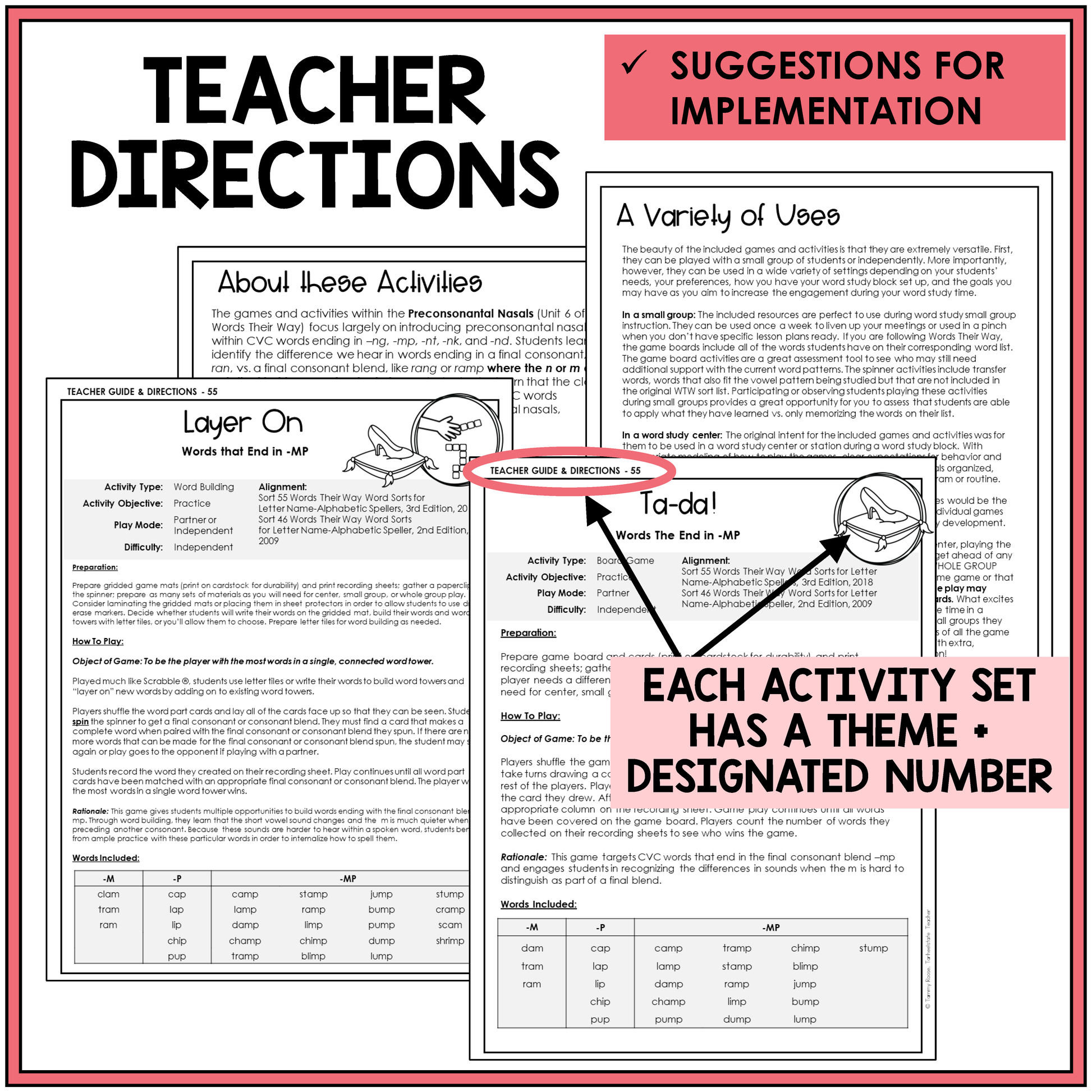 Teacher directions and suggestions for implementation for implementing nasal blends and final blends word study games and activities.