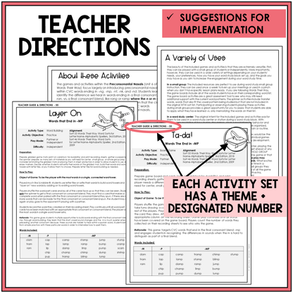 Teacher directions and suggestions for implementation for implementing nasal blends and final blends word study games and activities.