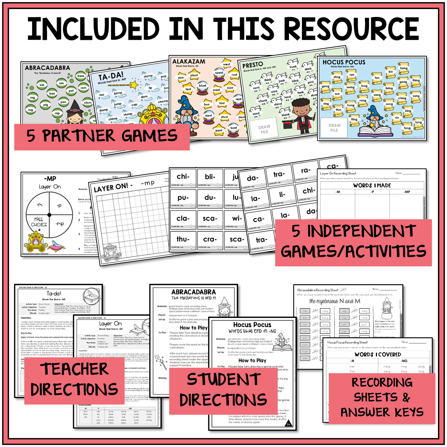 Educational materials with partner and independent games, teacher and student directions, and recording sheets for helping students practice spelling words with nasal blends and final blends.