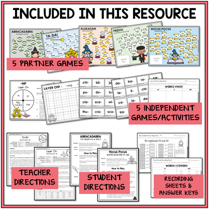Educational materials with partner and independent games, teacher and student directions, and recording sheets for helping students practice spelling words with nasal blends and final blends.