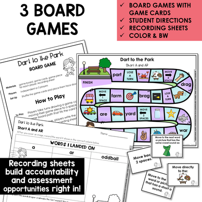Board game set to help students learn r-controlled vowel AR with game cards, directions, and recording sheets for educational use.