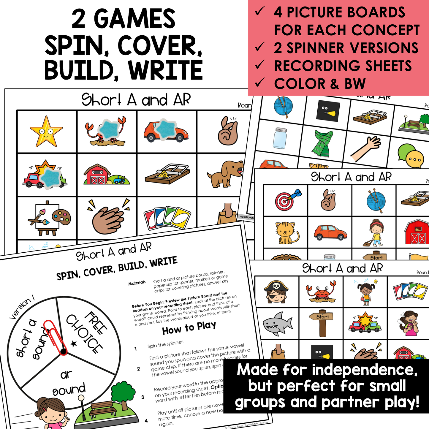 Educational game materials for teaching short A and AR sounds with spinner versions, picture boards, and recording sheets.