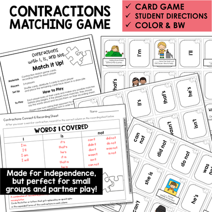 Educational materials for a contractions matching game with cards, directions, and recording sheets.