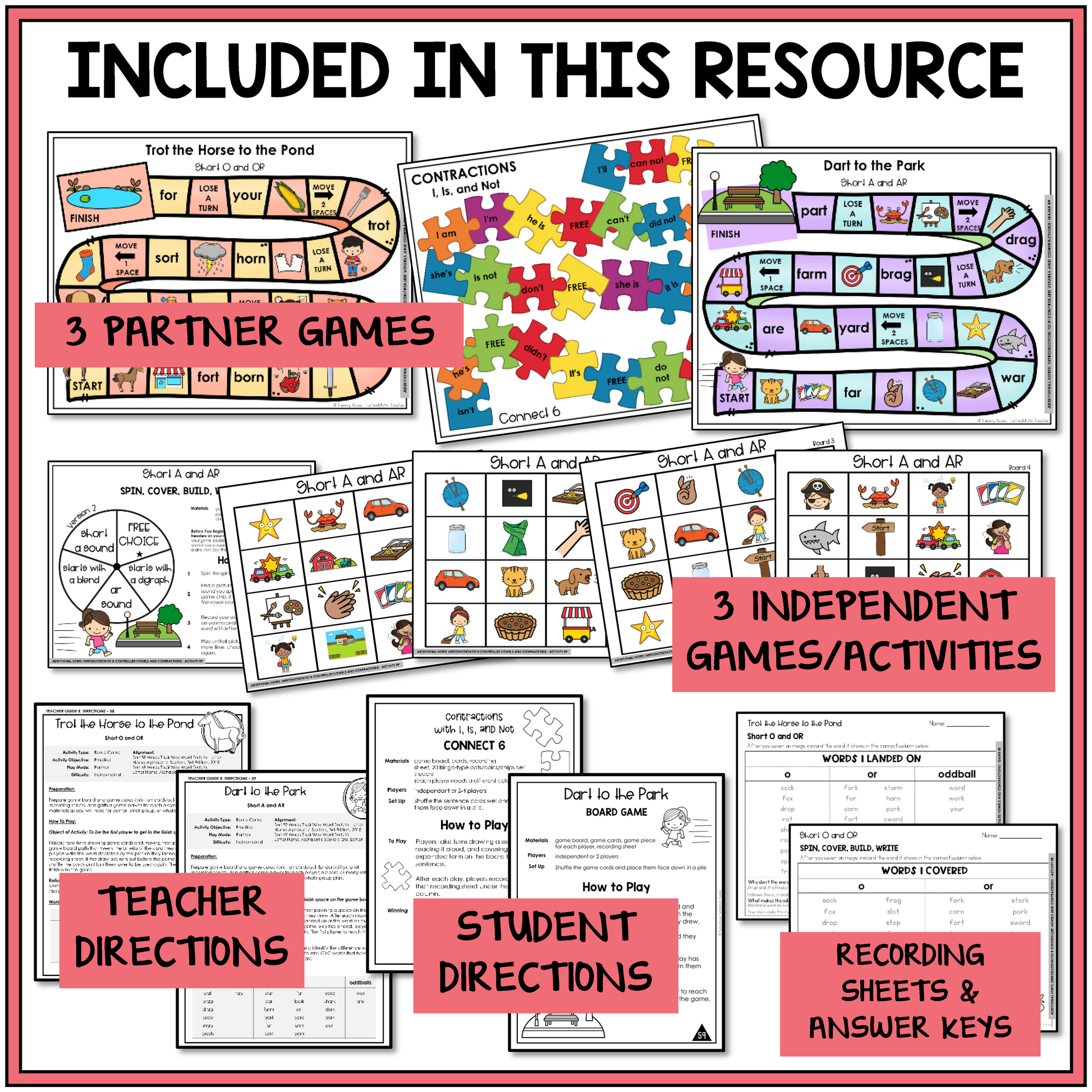 Educational materials with games and activities for students, including partner and independent games, teacher and student directions, and recording sheets.