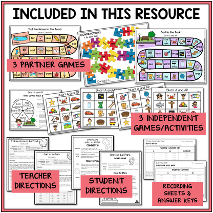 Educational materials with games and activities for students, including partner and independent games, teacher and student directions, and recording sheets.