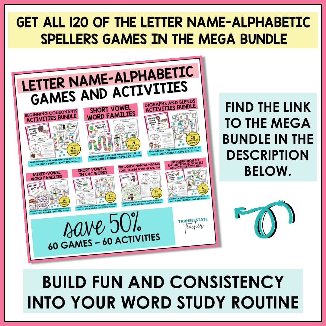 Short Vowels in CVC Words with Consonant Blends and Digraphs Unit 5 Letter Name Words Their Way Games Bundle