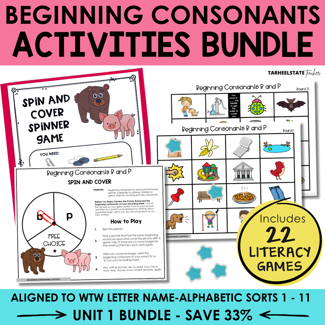 Beginning Consonants Activities Bundle with educational materials and game components.