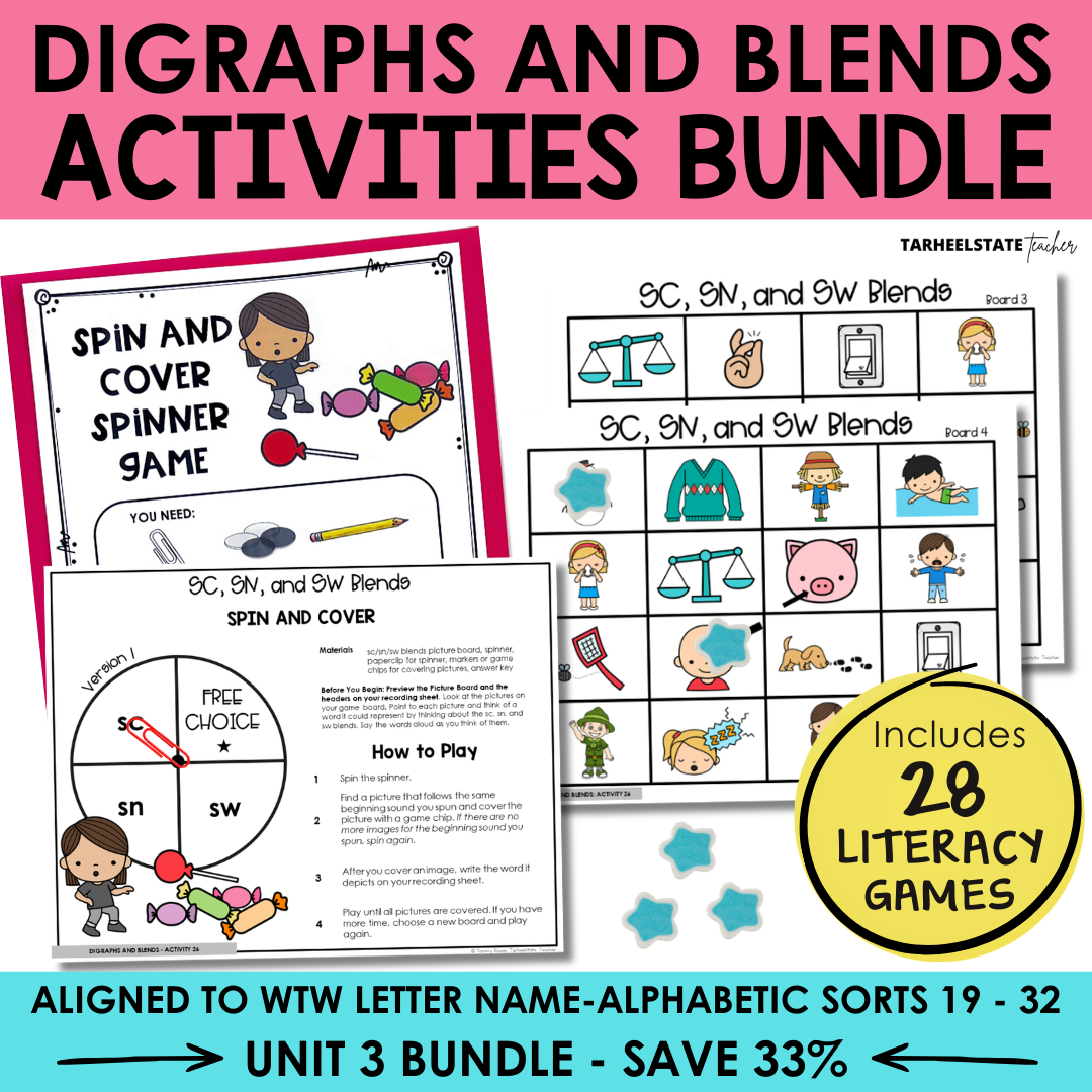 Educational materials for digraphs and blends activities with game cards and instructions.
