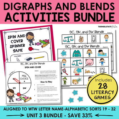 Educational materials for digraphs and blends activities with game cards and instructions.
