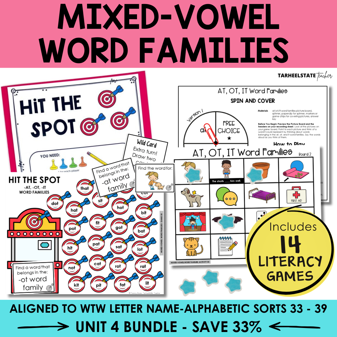 Educational materials for teaching mixed-vowel word families with game cards and activities.