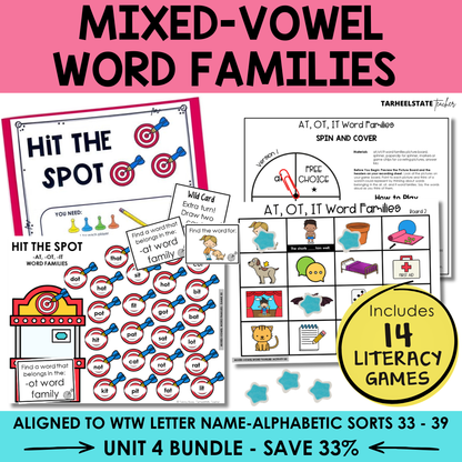 Educational materials for teaching mixed-vowel word families with game cards and activities.