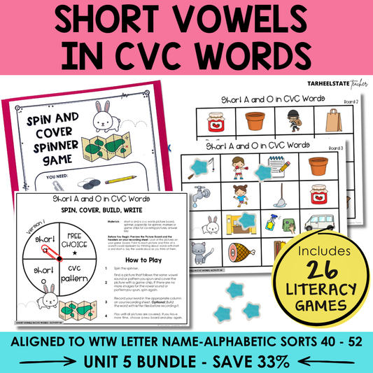 Educational materials for teaching short vowels in CVC words with game cards and instructions.