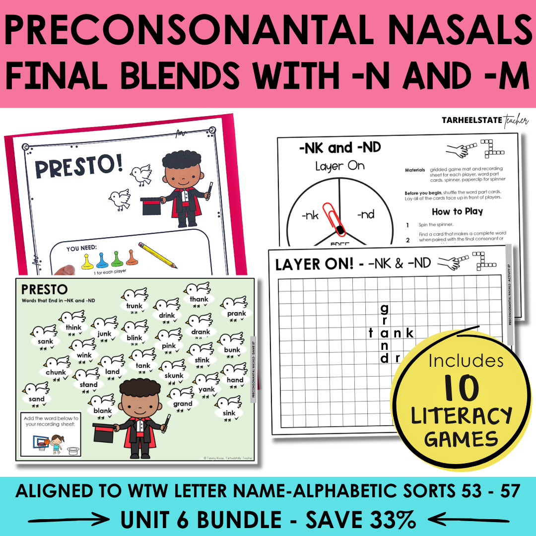 Educational materials for teaching preconsonantal nasals, final blends with -n and -m, including game boards and worksheets.