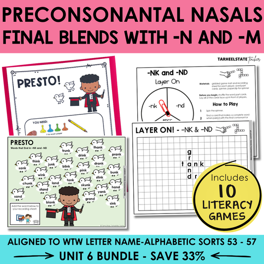 Educational materials for teaching preconsonantal nasals, final blends with -n and -m, including game boards and worksheets.