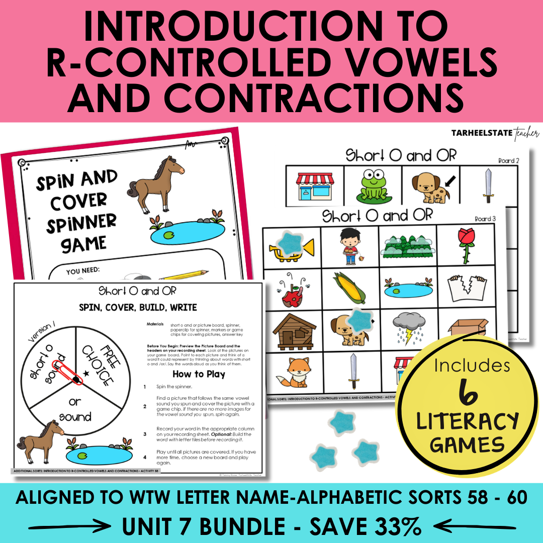 Educational materials for teaching r-controlled vowels and contractions with game cards and spinner.