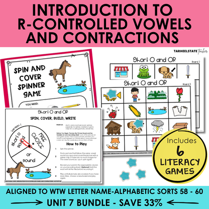 Educational materials for teaching r-controlled vowels and contractions with game cards and spinner.