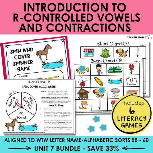 Educational materials for teaching r-controlled vowels and contractions with game cards and spinner.