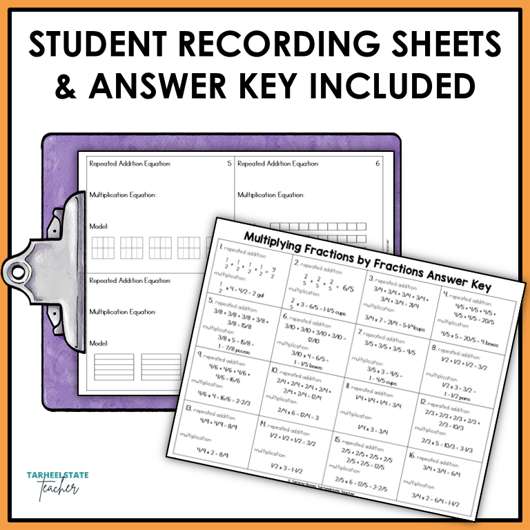 Multiplying Fractions with Models and Word Problems Task Cards Activities
