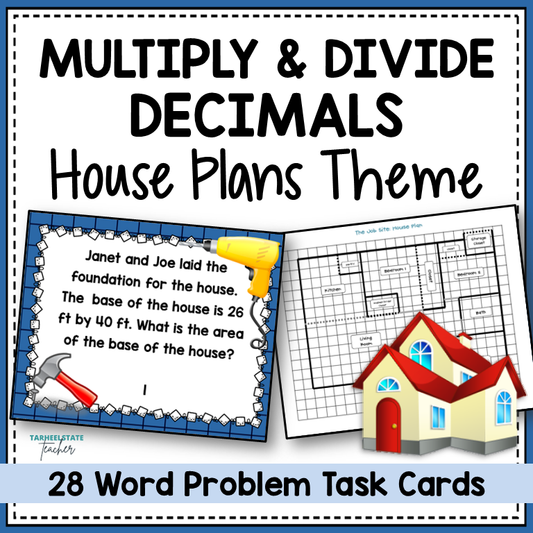 Educational task cards with house plans and decimal multiplication problems