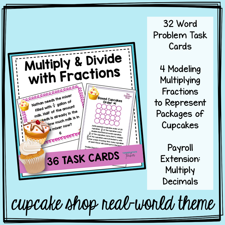 Multiplying and Dividing Fractions 5th Grade Multistep Word Problems Task Cards Math Centers Cupcake Shop Theme