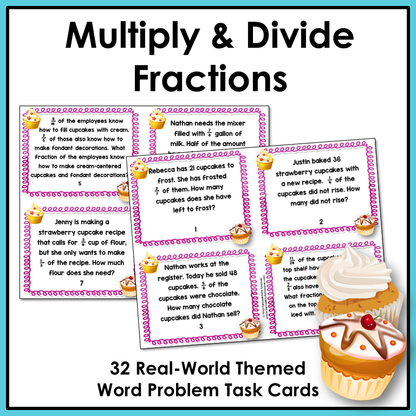 Multiplying and Dividing Fractions 5th Grade Multistep Word Problems Task Cards Math Centers Cupcake Shop Theme