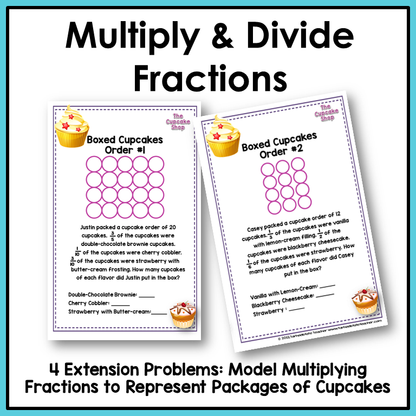 Multiplying and Dividing Fractions 5th Grade Multistep Word Problems Task Cards Math Centers Cupcake Shop Theme