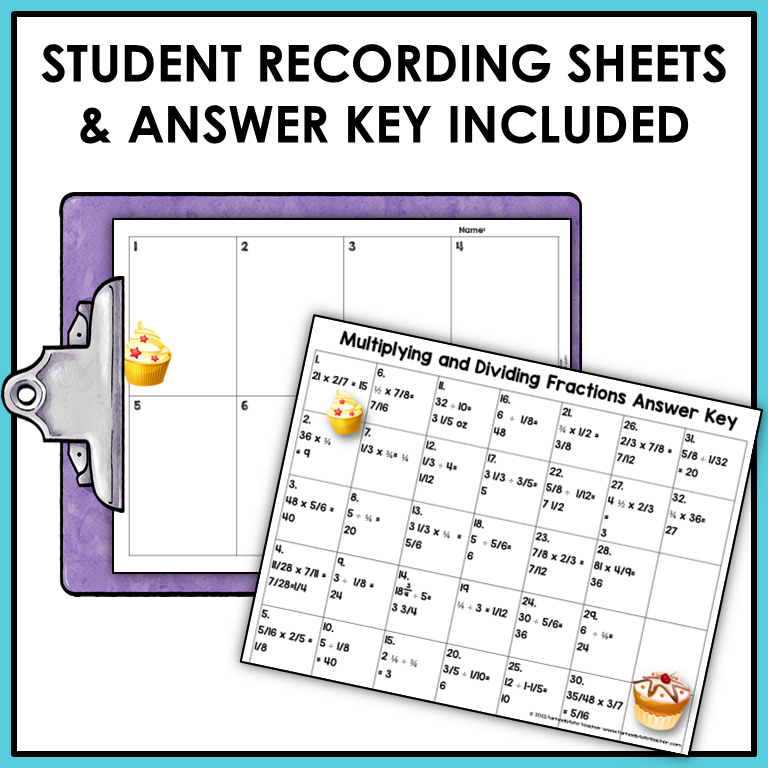 Multiplying and Dividing Fractions 5th Grade Multistep Word Problems Task Cards Math Centers Cupcake Shop Theme