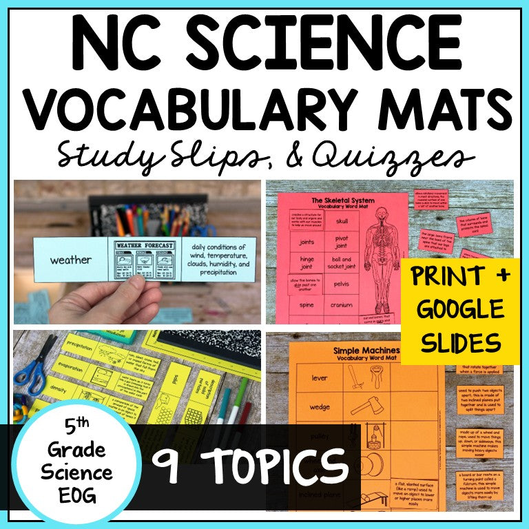 NC EOG 5th Grade Science Test Prep Vocabulary Activities Mats, Study Slips, & Quizzes