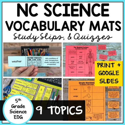 NC EOG 5th Grade Science Test Prep Vocabulary Activities Mats, Study Slips, & Quizzes