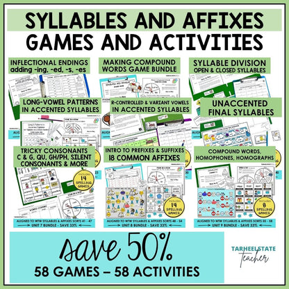 Syllables and Affixes Words Their Way Centers Games Activities Mega Bundle