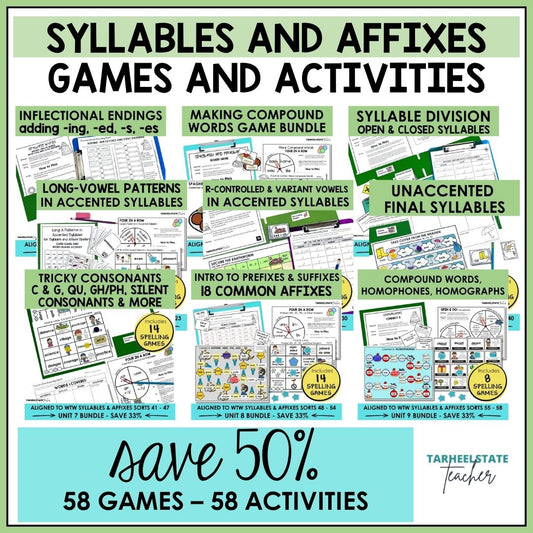 Syllables and Affixes Words Their Way Centers Games Activities Mega Bundle