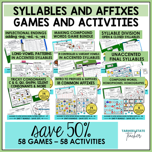 Engaging spelling games and activities for Syllables and Affixes spellers covering inflectional endings, compound words, syllable division, long-vowel patterns in accented syllables, r-controlled and variant vowel patterns in accented syllables, unaccented final syllables, silent consonants, homophones, homographs, and an intro to prefixes and suffixes.