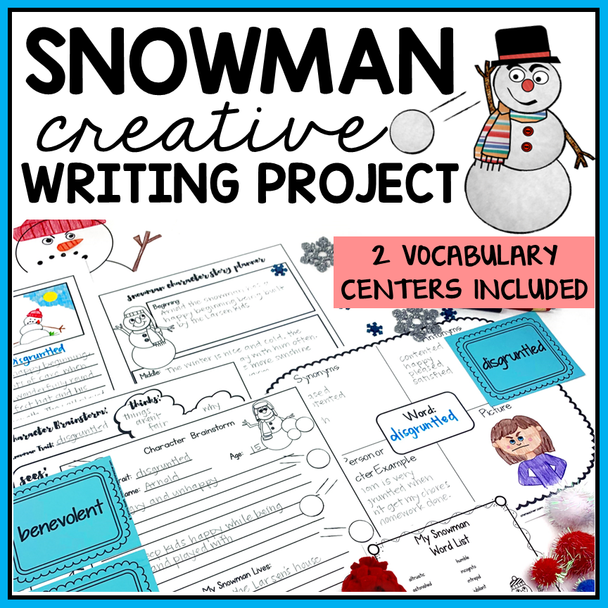 Snowman-themed creative writing project with vocabulary centers for educational use.