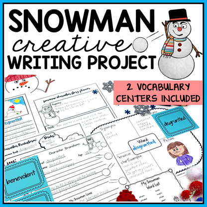 Snowman-themed creative writing project with vocabulary centers for educational use.