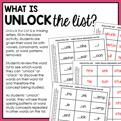 A fill-in-the-blank, missing letter spelling activity for 1st to early 2nd graders in the Letter Name-Alphabetic stage.