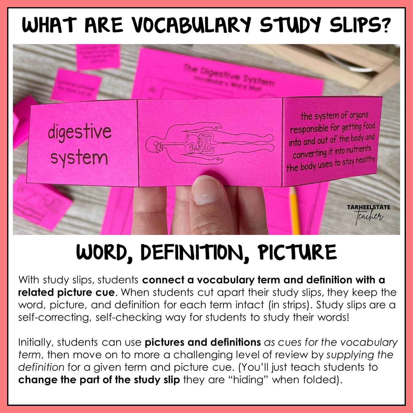 Explanation of vocabulary study slips for science vocabulary instruction and test prep